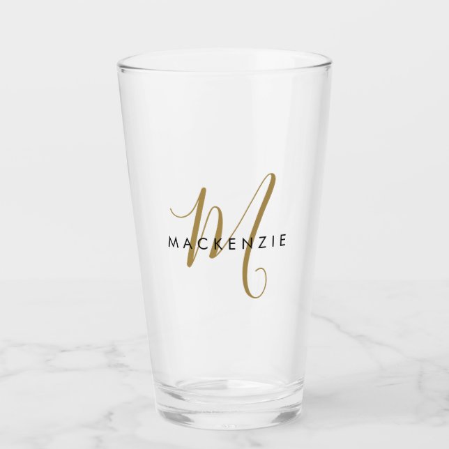 Copo De Pint Monograma de Script Dourado Moderno Elegante (Frente)