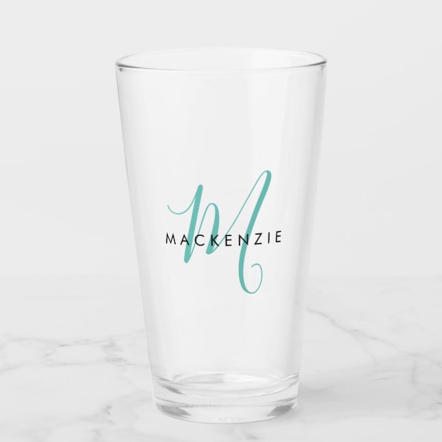 Copo De Pint Monograma de Script Teal Moderno Elegante (Frente)