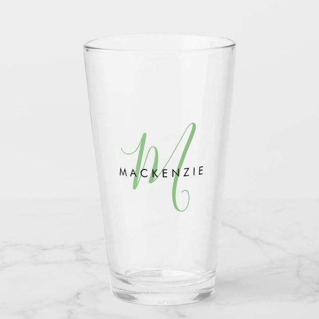 Copo De Pint Monograma de Script Verde Moderno Elegante (Frente)