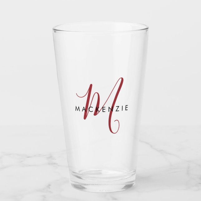 Copo De Pint Monograma de Script Vermelho Moderno Elegante (Frente)