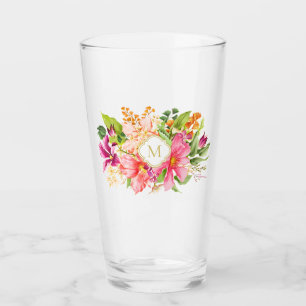 Copo De Pint Monograma Elegante Flores de Vintage Pastel Rosa