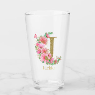 Copo De Pint Monograma Floral e Dourado em Aquarela Letra J