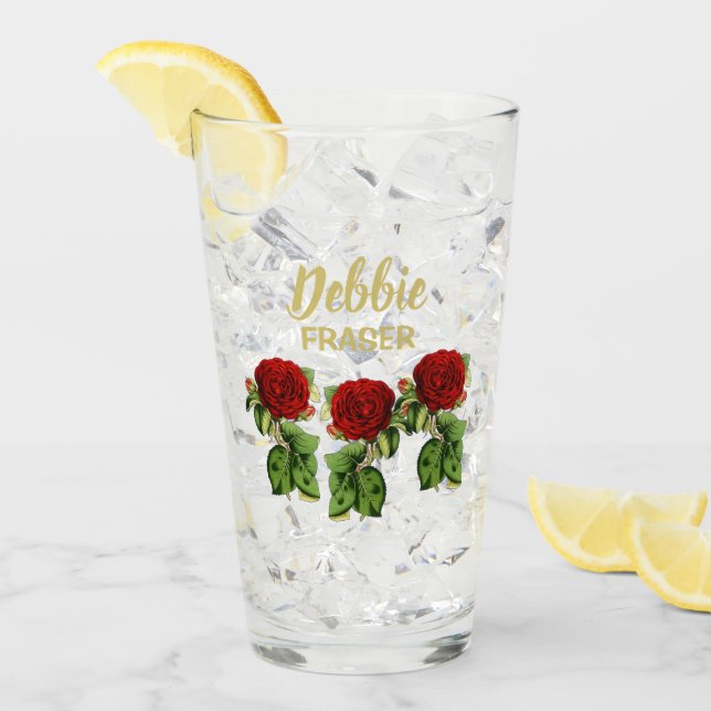 Copo De Pint Nome personalizado da flor vermelha e das folhas v (Gelo frontal)