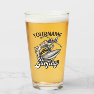 Copo De Pint Nome Personalizado Esqueleto de Surfista Ondas Gra