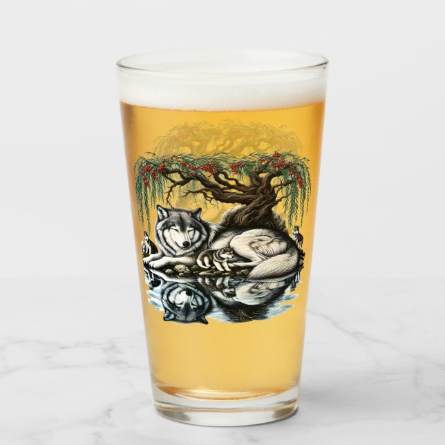 Copo De Pint Oásis da Família Serene Wolf em Natureza Idílica (Frente (Preenchido))