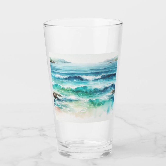 Copo De Pint Ocean Waves Beach Watercolor Paing (Frente)