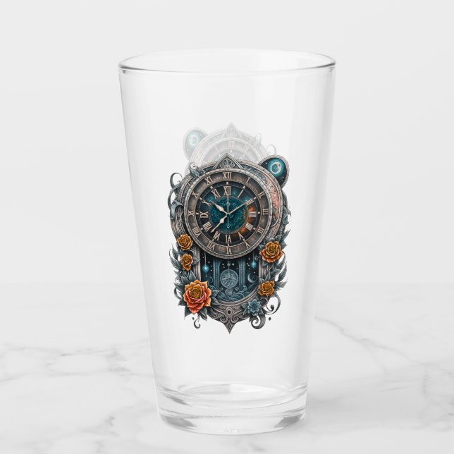 Copo De Pint Ornamentado Steampunk Clock com Rosas. (Frente)