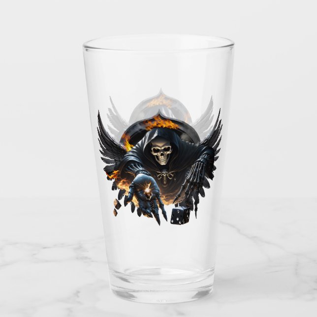 Copo De Pint Ossos e magia, esqueleto com dados místicos. (Frente)