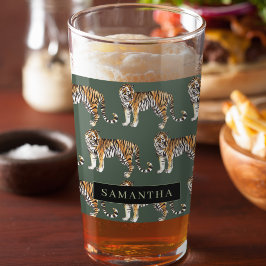 Copo De Pint Padrão De Tigres De Aquarela Verde Tropical Com No
