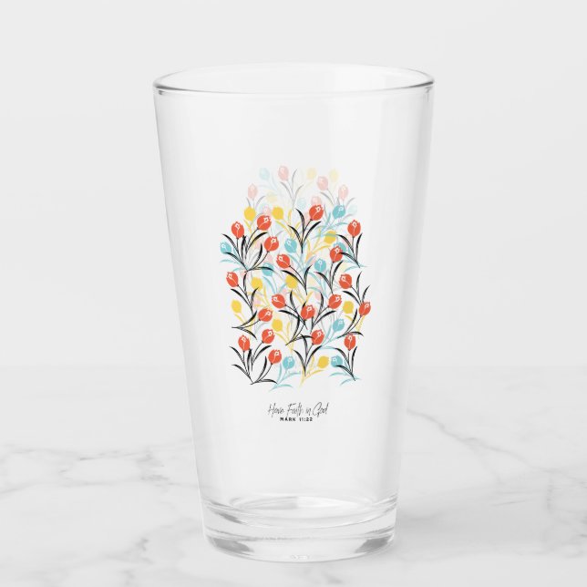 Copo De Pint Padrão de Tulipas Vibrante Design Floral em Branco (Frente)