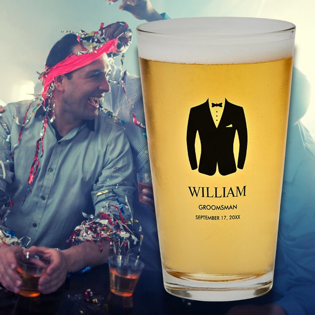 Copo De Pint Padrinhos de casamento Nome e data do conjunto de  (Groomsmen Groomsman Gift Personalized Name and Date Black Tie Tuxedo DRinkware Glass)