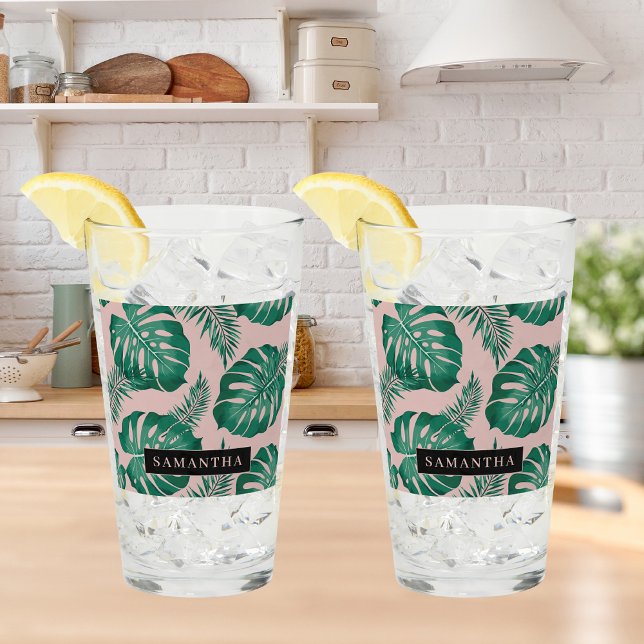 Copo De Pint Palma rosa tropical e verde deixa padrão e nome (Criador carregado)