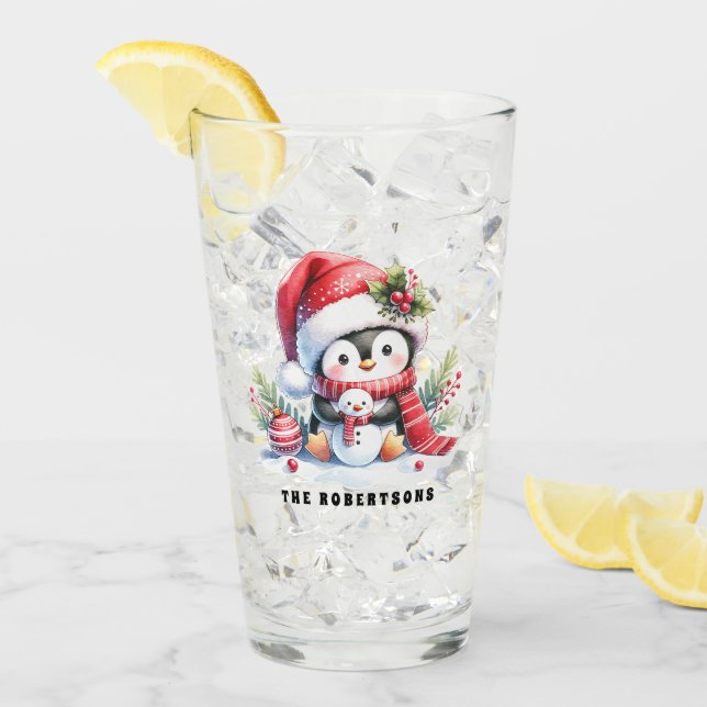 Copo De Pint Pinguim bonito e Natal da família personalizada Sn (Gelo frontal)