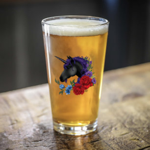 Copo De Pint Preto Unicórnio Flores Roxo