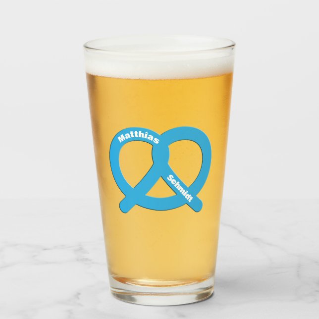Copo De Pint Pretzel Azul e Branco Brezel Engraçado Oktoberfest (Frente (Preenchido))