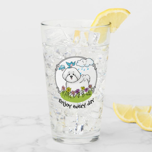 Copo De Pint Primavera Bichon Frise Dog com Flores - Cute (Gelo traseiro)