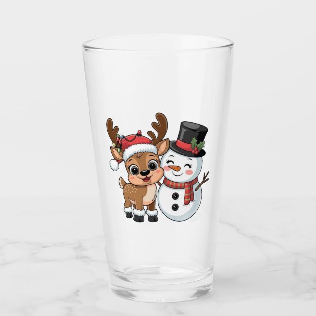 Copo De Pint Rena de Natal Fofa & Boneco de Neve (Frente)