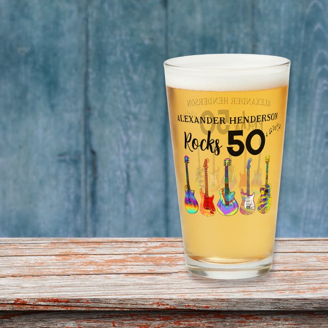 Copo De Pint Rock and Roll 50th Birthday add Name (Rock and roll 50th birthday personalized beer glass with funky colorful guitars rocks 50 typography )