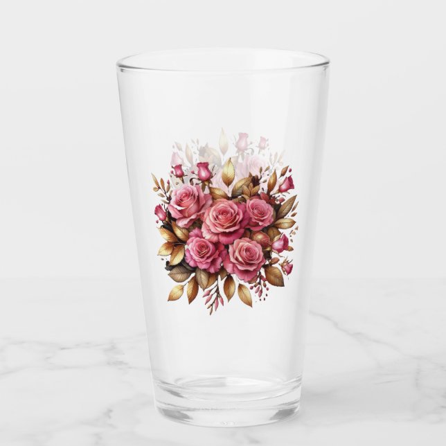 Copo De Pint Rosas Rosa E Folhas De Ouro (Frente)