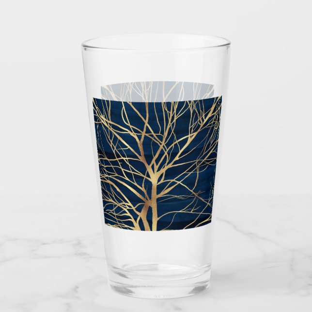 Copo De Pint Silhuette de árvore Dourada moderna, Design azul m (Frente)