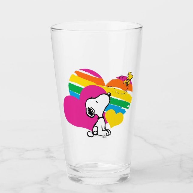 Copo De Pint Snoopy e Woodstock | Corações Arco-Íris (Frente)