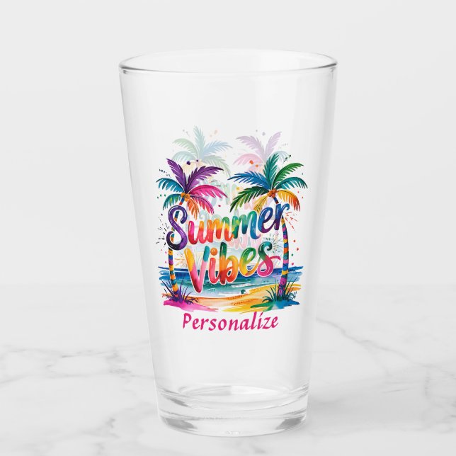 Copo De Pint Summer Vibes Tropicais Palmeiras Oceanas Coloridas (Frente)