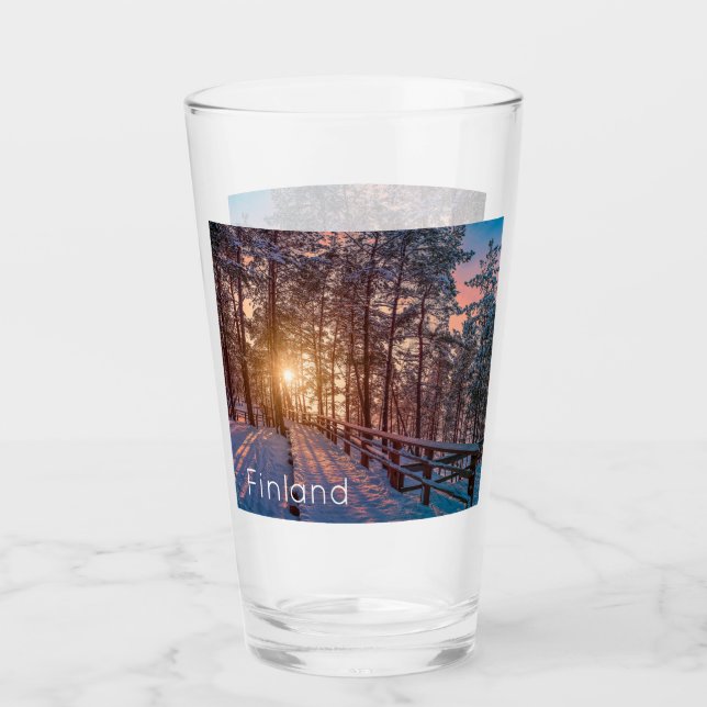 Copo De Pint Sunset na floresta de pinheiros com neve com raio  (Frente)