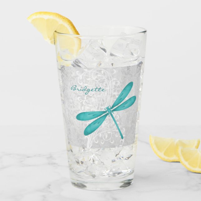 Copo De Pint Taça de Vidro Personalizada de Dragonfly Teal (Gelo frontal)