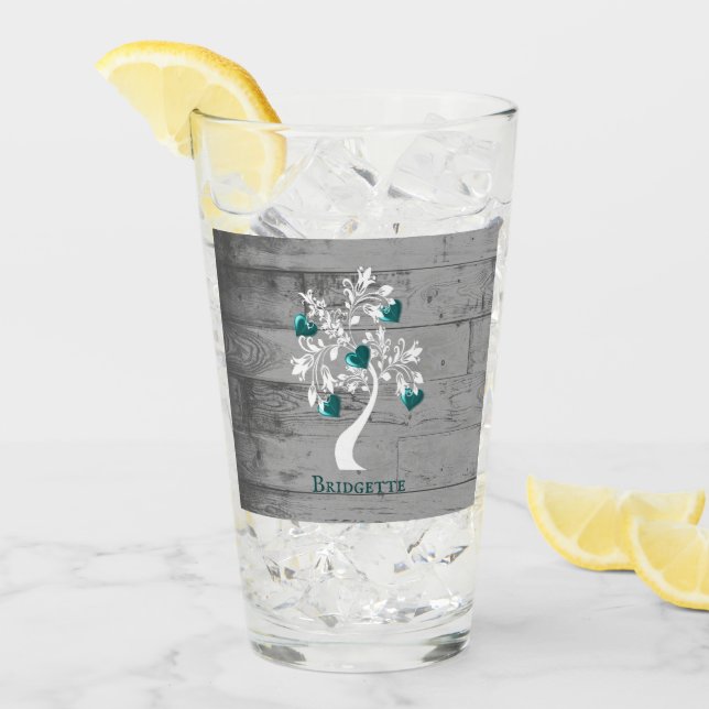 Copo De Pint Teal Tree of Hearts Personalised Glass Cup (Gelo frontal)