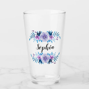 Copo De Pint Texto Personalizado de Texto Floral Púrpura Azul-C