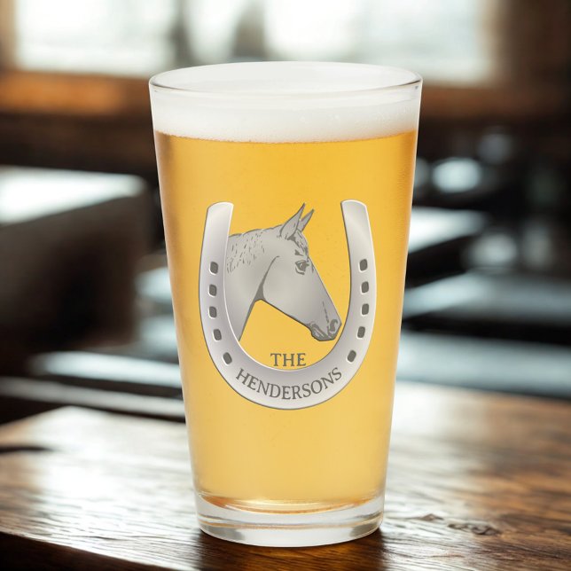 Copo De Pint Tonelada de prata e ferradura, pinta personalizada (Personalized horseshoe pint glass for horse lovers, horse owners, and horse racing fans)
