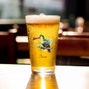 Copo De Pint Tucano no Ramo Arte Aquarela, personalizado
