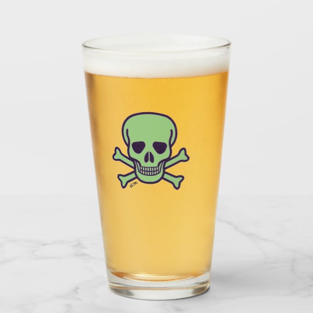 Copo De Pint Tumbido de vidro do crânio verde (Frente (Preenchido))