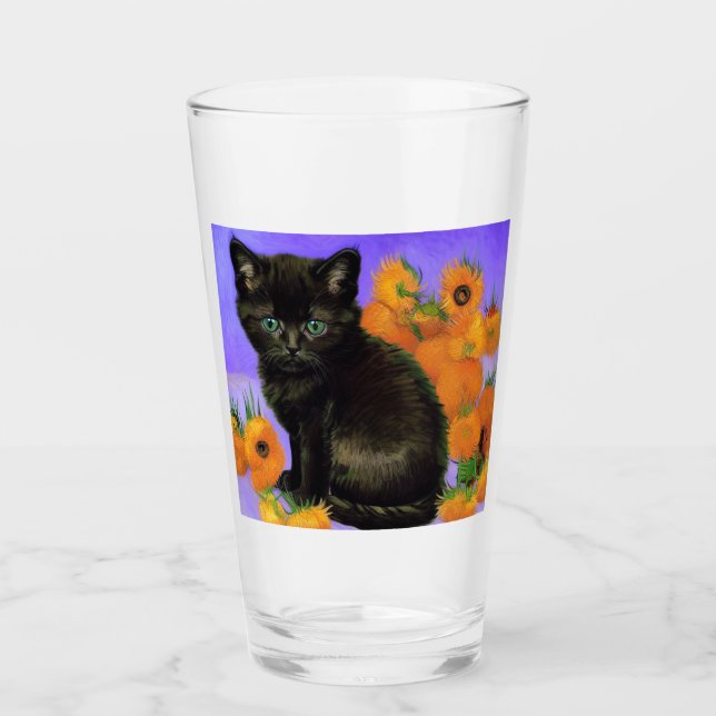 Copo De Pint Van Gogh Black Kitten com Girassóis (Frente)