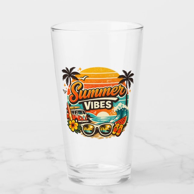 Copo De Pint Vibrações de Verão Praia Sunset Retro (Frente)