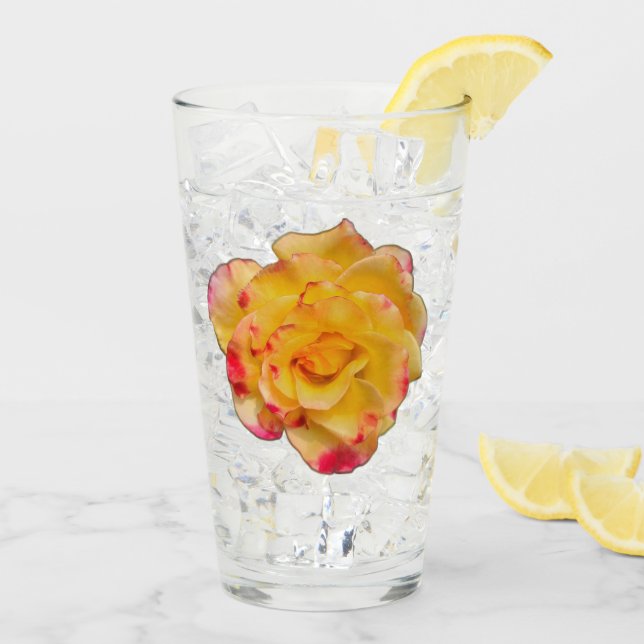 Copo De Pint Vibrant Yellow and Pink Rose Drinking Glass (Gelo traseiro)