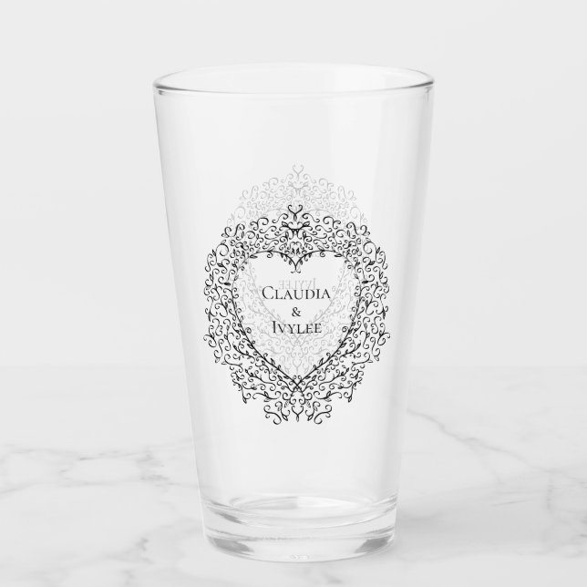 Copo De Pint Vidro de Casamento Gótico de Coração Roxo e Negro (Frente)
