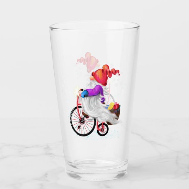 Copo De Pint Vidro de Natal Gnome presente com bicicleta e pres (Frente)