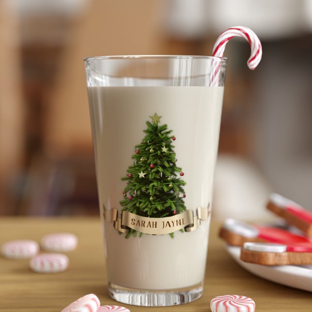 Copo De Pint Vidro Festivo Personalizado da Árvore de Natal (A traditional Christmas tree glass with space for your name. Perfect for all sorts of festive drinks)
