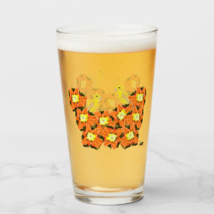 Copo De Pint Vidros : Flores Laranja Amarelas Com Canários