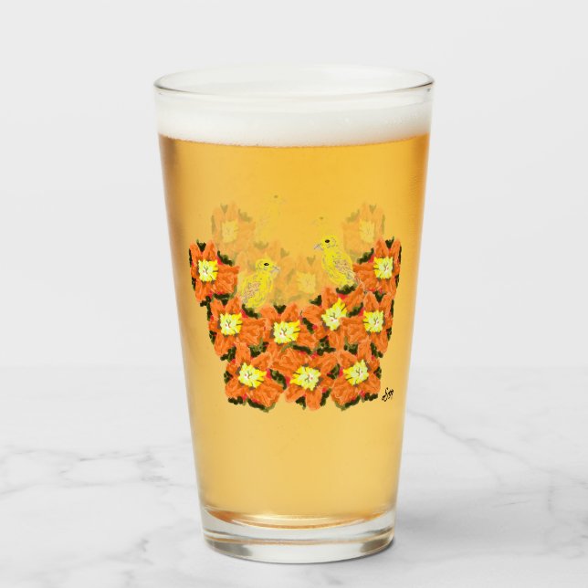 Copo De Pint Vidros : Flores Laranja Amarelas Com Canários (Traseira (Preenchido))
