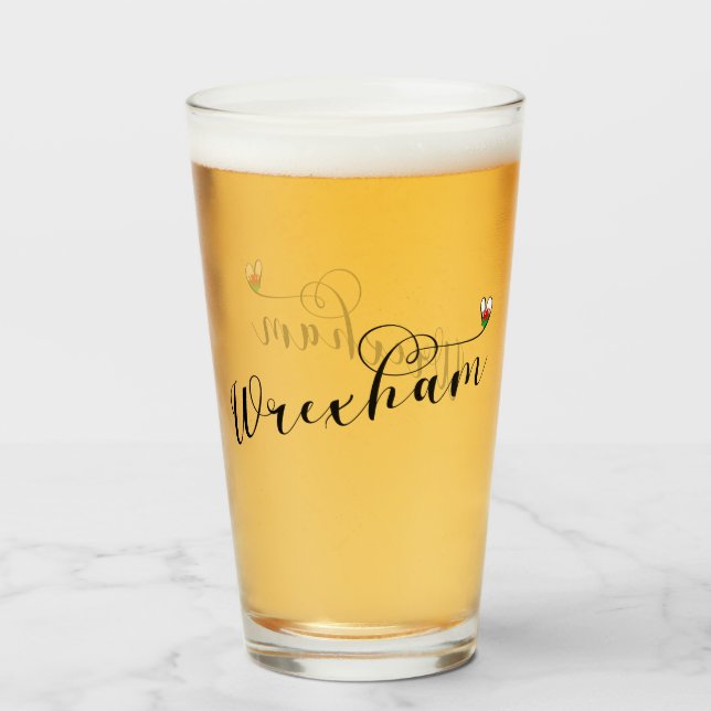 Copo De Pint Wrexham Script Font, Welsh Flag Em Coração (Frente (Preenchido))