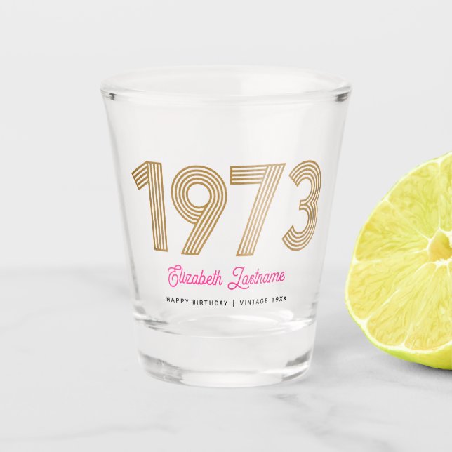 Copo De Shot 1973 Vidro Dourado e rosa 50º Aniversário (Frente)