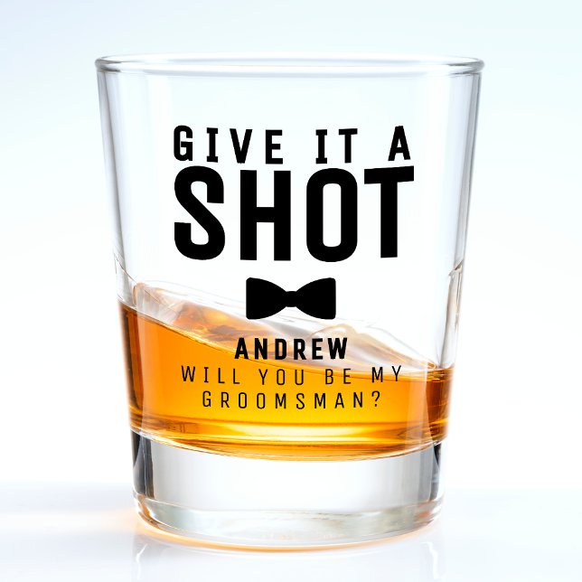 Copo De Shot A Proposta De padrinho de casamento Bowtie Dá-Lhe  (Groomsman Proposal Bowtie Give It A Shot Shot Glass
)