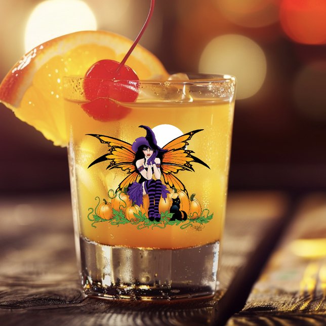 Copo De Shot Adorável Fada de Halloween com Abóbora e Gato Pret (Criador carregado)