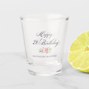 Copo De Shot Aniversário de 21 anos Rosa Floral Personalizado
