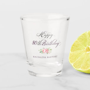 Copo De Shot Aniversário de 80 anos Rosa Floral Personalizado