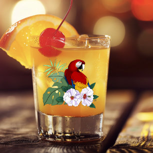 Copo De Shot Arara Vermelha Papagaio Tropical Hibisco Branco Fl