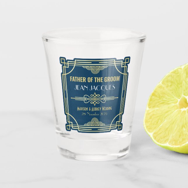 Copo De Shot Art Deco Wedding Padre do Favor Dourado (Frente)
