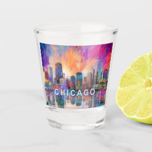 Copo De Shot Arte abstrata da colorida silhueta de Chicago